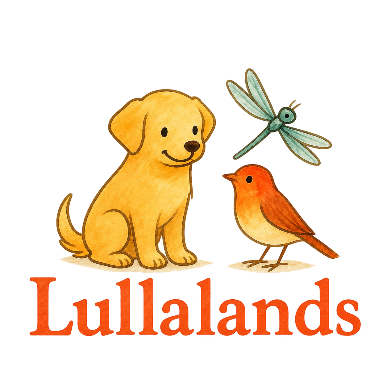 Oryginalne logo Lullalands: piesek, ptak i ważka