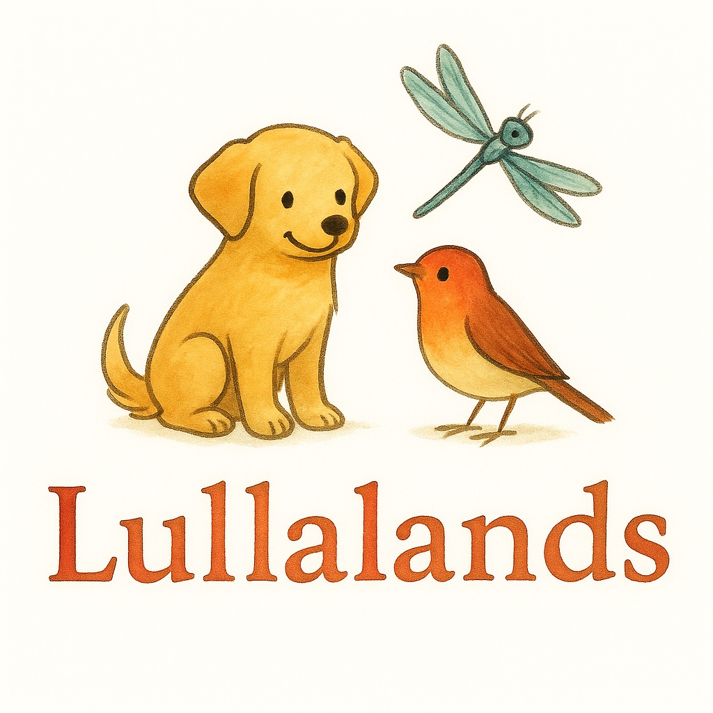 Oryginalne logo Lullalands: piesek, ptak i ważka